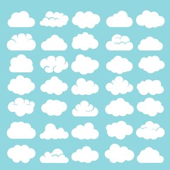 Wall Mural - Cartoon clouds. White cumulus cloud shapes on blue sky background vector illustration