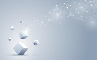 the connection of 3d cubes with abstract geometric polygonal with connecting dots and lines. science