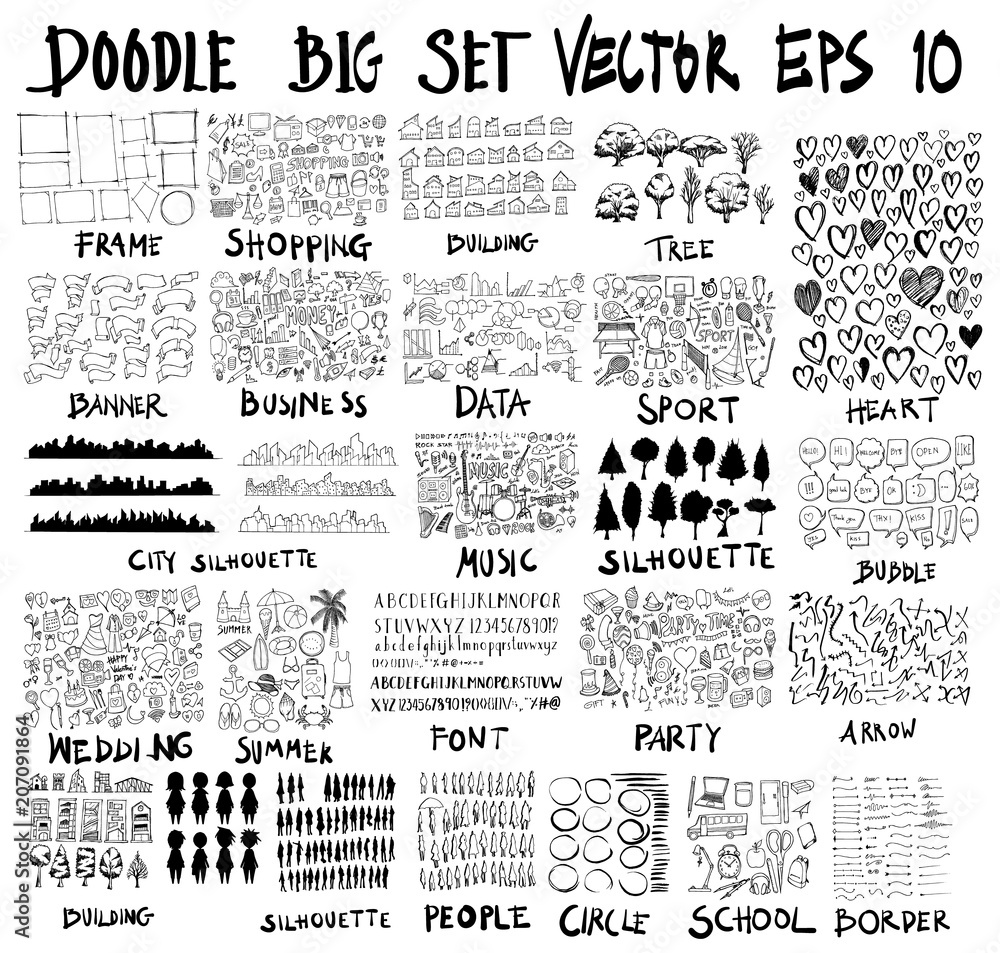 Doodle Vector Big collection of frame, shopping, building, tree, heart ...
