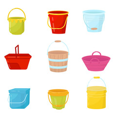 Wall Mural - Flat vector set of colorful buckets. Plastic, wooden and metal water pails. Containers for carry liquids or other materials