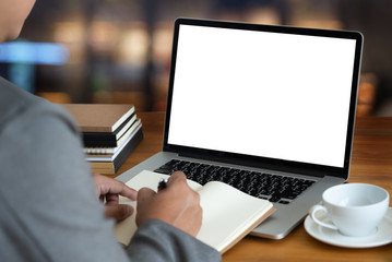 Wall Mural - laptop with blank screen on table. workspace background new project on laptop computer with blank co