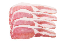Four Raw Bacon Slices Isolated On White. From Above.
