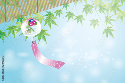 暑中お見舞葉書デザイン 横 背景 縁側の楓と朝顔柄の風鈴のある風景 夏のイメージ Stock ベクター Adobe Stock