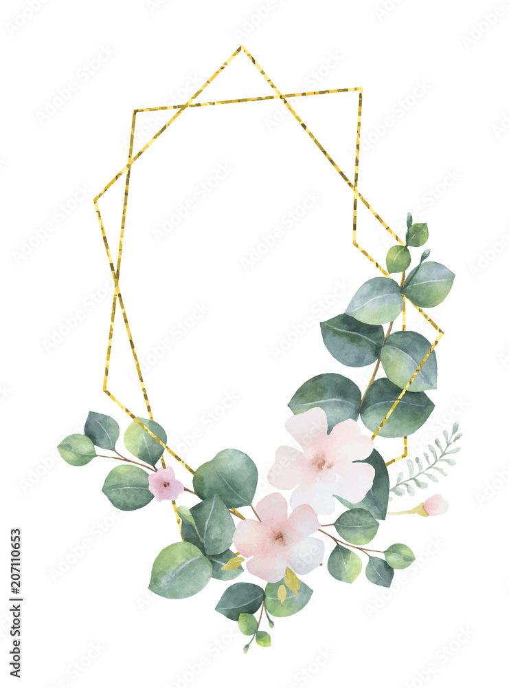 Watercolor vector wreath gold geometric frame with green eucalyptus ...