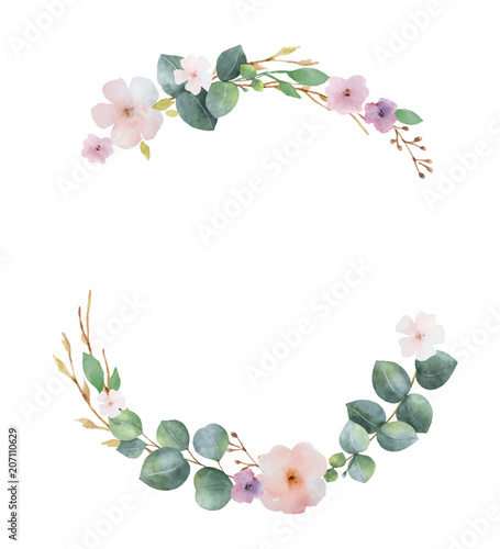 Watercolor vector wreath with green eucalyptus leaves, pink flowers and ...