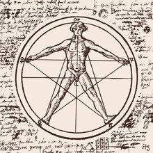 Vector Banner With A Human Figure Like Vitruvian Man By Leonardo Da Vinci. Hand Drawn Anatomical Illustration In Vintage Style On The Background Of An Old Illegible Manuscript