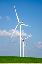 Portrait View Of Three Wind Turbines On A Wheat Field