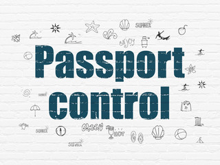 Canvas Print - Tourism concept: Painted blue text Passport Control on White Brick wall background with  Hand Drawn Vacation Icons