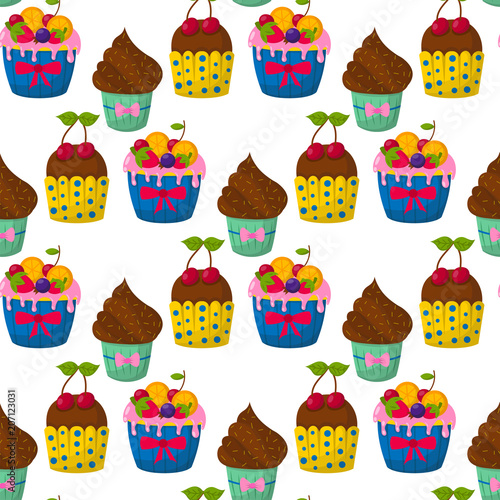 Cute vector cupcakes and muffins chocolate seamless pattern background celebr...