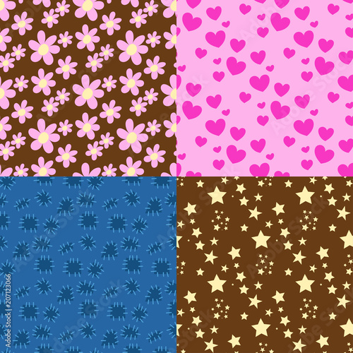Nature flower illustration hearts seamless pattern stars background floral su...