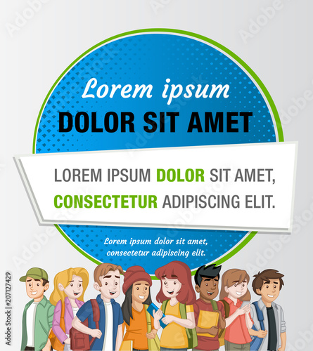 Text box frame background with cartoon young people. Teenagers.