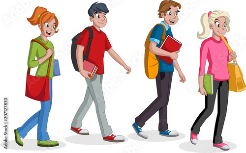 Teenagers students walking. Cartoon young people.