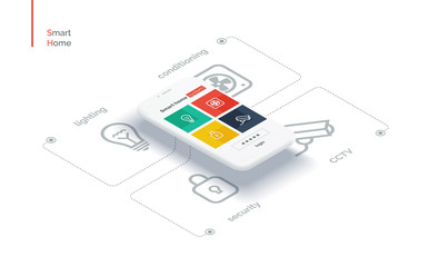 Wall Mural - smart home mobile interface. infographics with a mobile phone and icons controlling the parameters o