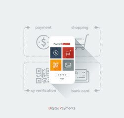 Wall Mural - payment system mobile interface. infographics with a mobile phone and payment system icons. modern f
