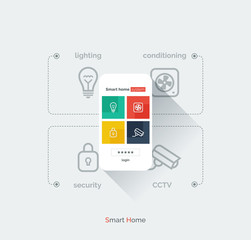 Wall Mural - Smart home mobile interface. Infographics with a mobile phone and icons controlling the parameters of the smart house system. Modern full-color illustration flat style.