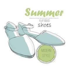 Wall Mural - illustartion of drawing sandal on flat soled with lettering text. Summer woman shoe for logo design. Hand drawn isolated object for design.