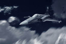 Jet Fighter War Airplane Flying At Night For A Secret Attack Mission