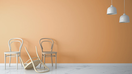 Minimalist architect designer concept with three classic wooden chairs, one chair turned over on orange background and marble floor, living room interior design with copy space