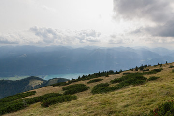 Panoramic view of mountains from Schafberg peak in  Salzkammergut, Austria in a beautiful summer day