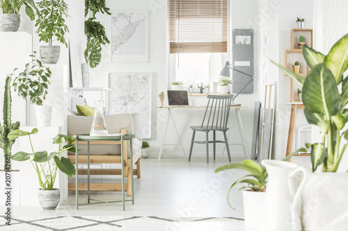 White Home Office Interior With Fresh Green Plants Grey