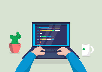 Man programmer working on computer with code on screen illustration.