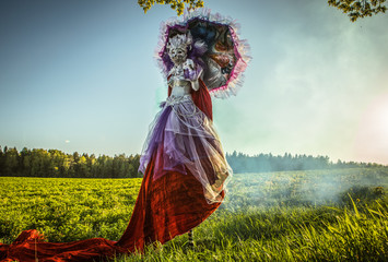 Wall Mural - Fairy tale woman on stilts in bright fantasy stylization. Fine art outdoor photo.