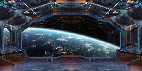 Wall Mural - grunge spaceship interior with view on planet earth 3d rendering
