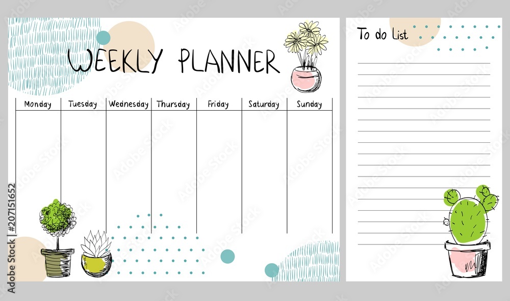 Hand drawing vector weekly planner with plants. - obrazy, fototapety, plakaty 