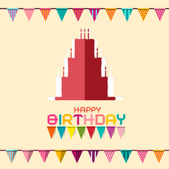 Poster - Birthday Celebration Design with Flags and Paper Cut Cake. Vector Birthdays Party Card.