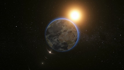 Wall Mural - space view on planet earth and sun star rotating on its axis in black universe. seamless loop with d