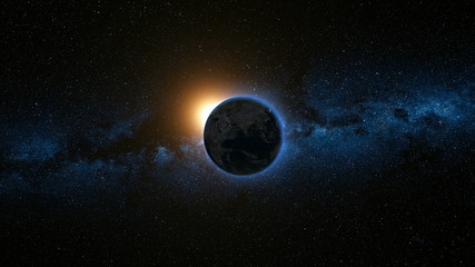 Wall Mural - space view on planet earth and sun star rotating on its axis in black universe. milky way in the bac