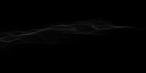 Fototapete - Abstract particle wave on dark background. Vector 3d wave. Point wave.