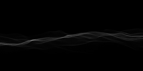Fototapete - Abstract particle wave on dark background. Vector 3d wave. Point wave.