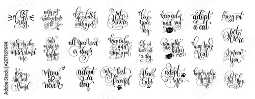 set of 25 hand lettering positive quote about cat and dog Poster Mural XXL