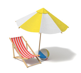 Wall Mural - 3d rendering of a white and yellow beach umbrella and wooden deck chair.