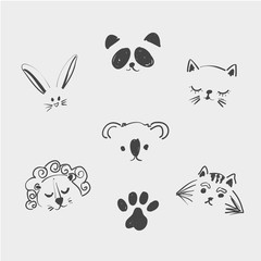 Set of cute animal faces for t shirt, notebooks, card, fabric, fashion design. Trendy vector illustration drawing with a tablet. Handdrawn, freehand, imitation of children s drawings. Doodle art