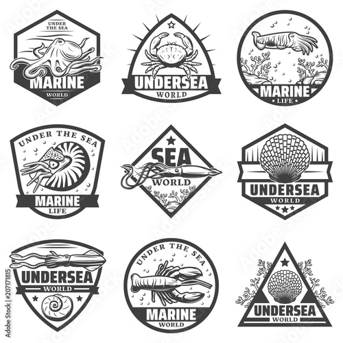 Vintage Monochrome Marine Animals Labels Set