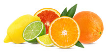 Collage Of Fresh Citrus Isolated On White Background With Clipping Path