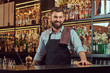 © Fxquadro - Stylish bearded bartender in a shirt and apron standing at bar counter background.