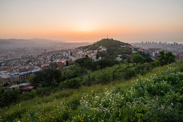 Wall Mural - Beautiful viewpoint of Barcelona at sunrise, natural location in spring.