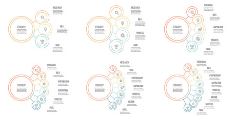 Sticker - Business infographics. Organization charts with 3, 4, 5, 6, 7, 8 options. Vector template.