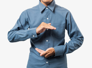 Business man hand holding somethings for montage your product with blue 100% cotton shirt.