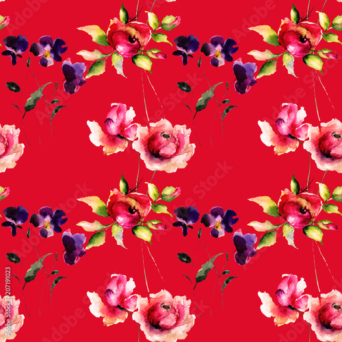 Seamless pattern with Original flowers on red background