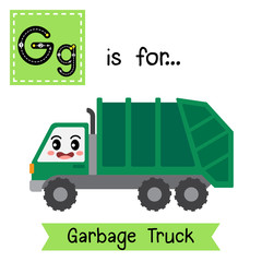 Wall Mural - Letter G cute children colorful transportations ABC alphabet tracing flashcard of Garbage Truck for kids learning English vocabulary Vector Illustration.