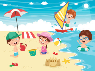 Wall Mural - Vector Illustration Of Kids Playing At Beach and Sea