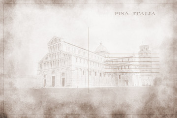 Wall Mural - Postcard with a photograph of  the Tower and the Cathedral of Pisa