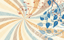 Sunburst Background Pattern In Retro Blue Beige And Orange Swirled Colors With Faded Abstract Scratch Texture And Ivy Vines Curls And Flourishes On The Border In A Pretty Vintage Style Design