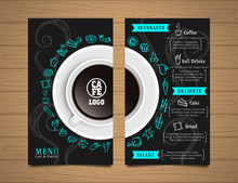 Menu Cafe And Bakery Template Layout With Doodle Drawing Drinks, Dessert And Coffee Cup Elements Front And Back Side