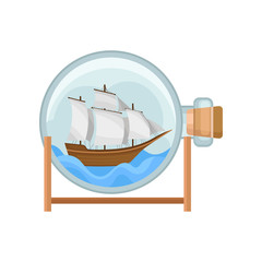Wall Mural - ship and water in round glass bottle with cork. model of wooden marine vessel with big sails. flat v