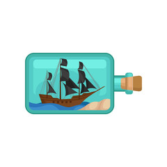 Wall Mural - transparent glass bottle with water, sand and wooden ship inside. marine vessel with black sails.fla